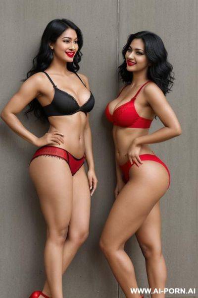 Indians, 20 years, black hair, short wavy hair, navel piercing, muscular arms flexing, curvy body, smile, looking at camera, heels, tall, red noodle bra, red slit skirt, full body, side view, ass together, black lipstick - ai-porn.ai - India on pornintellect.com