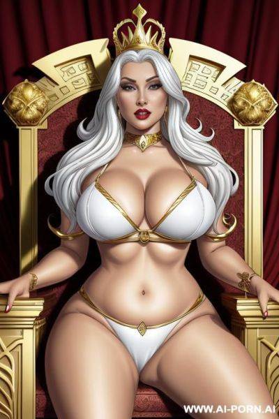 (((cartoon comics art))), ((high fantasy)), bbw queen, regal look, white hair, golden metal bikini, sitting on royal throne - ai-porn.ai on pornintellect.com