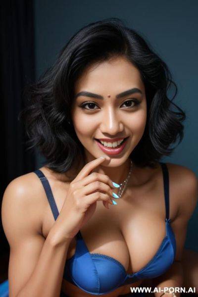 Indians, 20 years, black hair, short wavy hair, navel piercing, muscular arms flexing, curvy body, smile, looking at camera, heels, tall, blue noodle bra, blue skirt, full body - ai-porn.ai - India on pornintellect.com