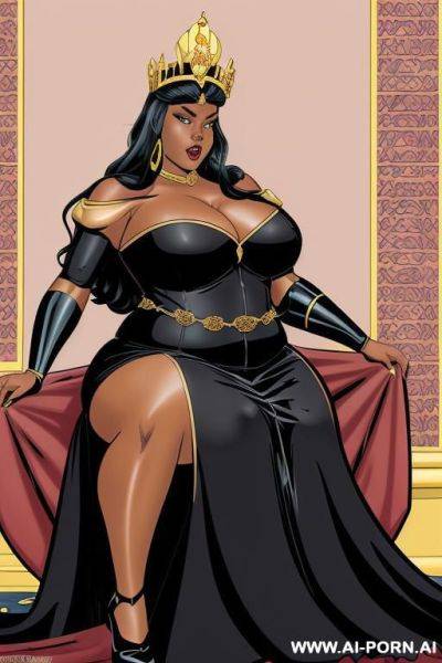 (((cartoon comics art))), ((high fantasy)), ((black bbw)), queen, with crown, long flowing dress, palace background, sitting on throne - ai-porn.ai on pornintellect.com