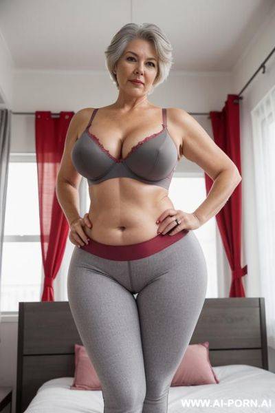 0 year old white grandmother, short gray hair, lady, full body, standing, age features clearly visible, gray hair, triangular hips, thick thighs, big butt, wearing red leggings and bra, hands on hips, double bedroom - ai-porn.ai on pornintellect.com