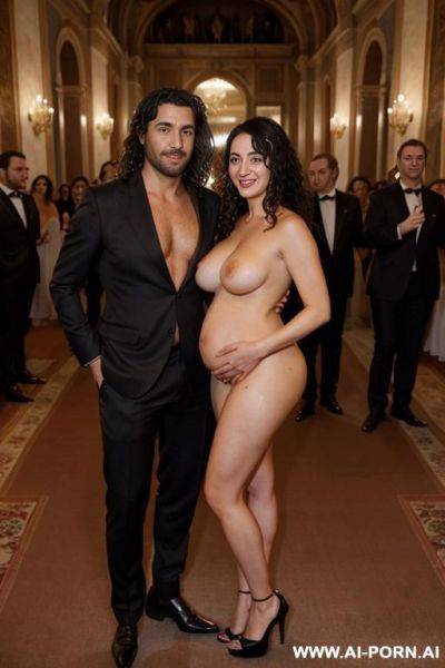 Inside a beautiful opera with carpets, a lot of spectators. completely naked beautiful pregnant woman with italian beauty, in red high heels, black curls, breasts, hands and a man holds a woman by the ass, long hair braided in an elegant suit - ai-porn.ai - Italy on pornintellect.com