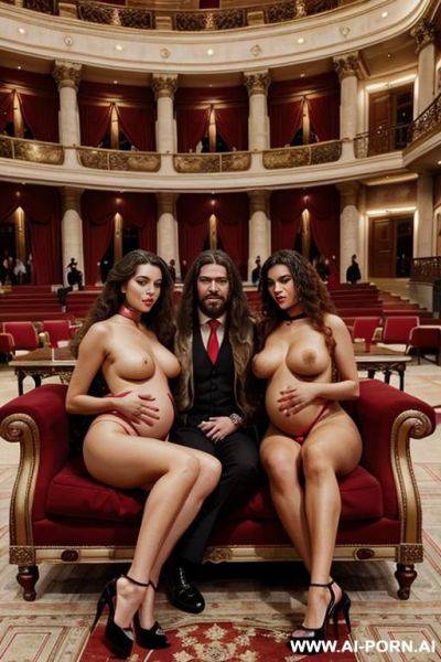 Lots of people inside a beautiful opera with carpets, lots of spectators. a man in an armchair with long hair tied in an elegant suit, completely naked beautiful graceful three women in a - ai-porn.ai - Italy on pornintellect.com