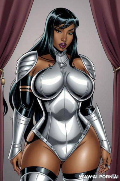 (((cartoon comics art))), ((high fantasy)), black woman, bbw, wearing silver armor, boobs out - ai-porn.ai on pornintellect.com