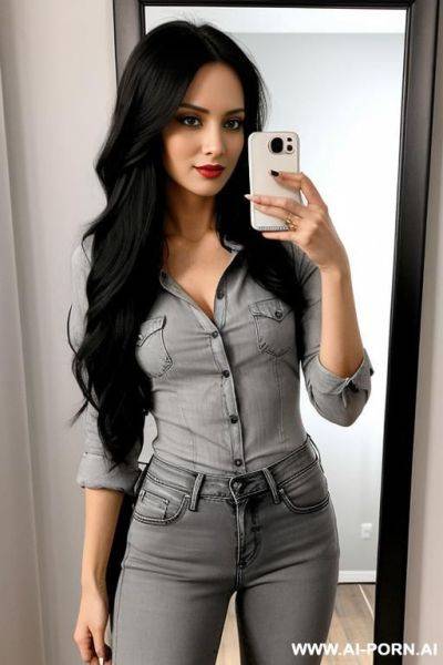 Woman long hair gray jeans blouse black selfie photo in the mirror - ai-porn.ai on pornintellect.com