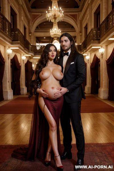 Inside a beautiful opera with carpets, a lot of spectators. completely naked beautiful pregnant woman with italian beauty, in red high heels, black curls, breasts, hands and a man with long hair in an elegant suit feels embracing the woman by the crotch - ai-porn.ai - Italy on pornintellect.com