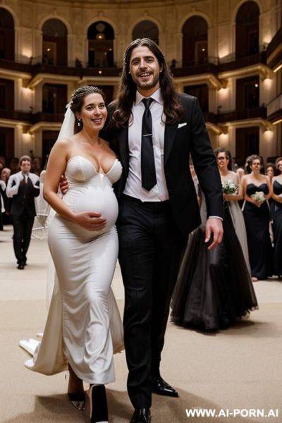 A lot of people in the background inside a beautiful opera with carpets, a lot of spectators. a naked beautiful pregnant woman with italian beauty, in a wedding veil, white high heels, black - ai-porn.ai - Italy on pornintellect.com
