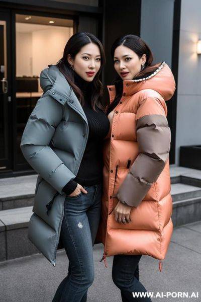 Suburb moms pressing boobs against each other, looking a camera, wearing gigantic oversized puffer jackets - ai-porn.ai on pornintellect.com