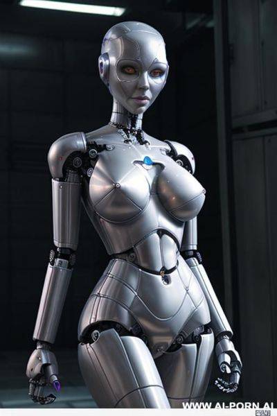 (((scared robot woman totally naked))), ((looking at the camera)), ((eyes contact)), full body view, ((massive hips)), huge curves, huge cleavage, legs open, (pussy visible), ((no panties)) - ai-porn.ai on pornintellect.com