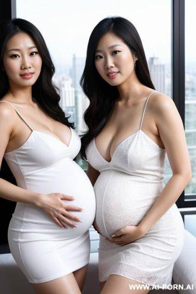 Two asian women, pregnant, ((detailed faces)), wearing white dresses, in a penthouse, - ai-porn.ai on pornintellect.com