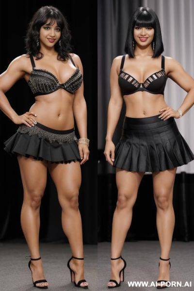 Indians, 0 years, black hair, short wavy hair, bangs, muscular arms flexing, curvy body, navel piercing, black bra, black frilly skirt, smile, looking at camera, heels, tall, full body view - ai-porn.ai - India on pornintellect.com