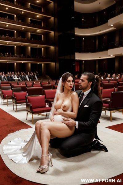 A lot of people inside a beautiful opera with carpets, a lot of spectators. a man with long hair in a bun, an elegant black suit with a tie, with a whip in his hand, sits comfortably - ai-porn.ai - Italy on pornintellect.com