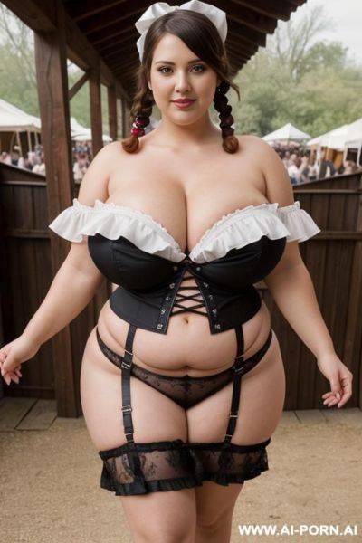 (bbw bimbos with massive oversized boobs), two women in super short extra slutty pirate micro skirt and strapless off the shoulder tube top exposing bare boobs while walking in crowded renn faire, (full body front view) - ai-porn.ai on pornintellect.com