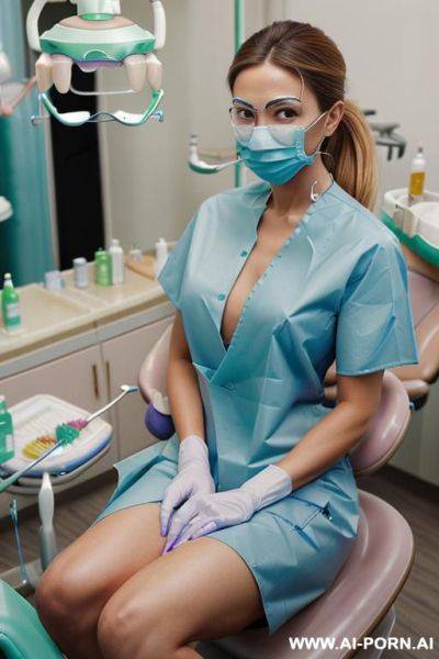 Naked blonde woman doctor dressed white medical coat and blue medical gloves lying in the dentist armchair with opened legs became half naked woman nurse dressed in green uniform with white medical gloves and holding medical instrument - ai-porn.ai on pornintellect.com