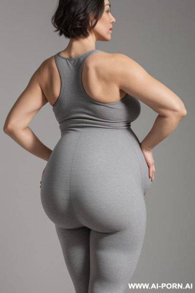 Back view, 0 year old grandmother, full body, standing, short gray hair, very visible age marks, large natural breasts, triangle hips, thick thighs, wearing gray leggings and a short tank top, hands on her waist - ai-porn.ai on pornintellect.com