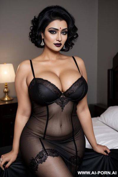 Medium woman, curly black hair, indian milf, married wife, villain, horny, smokey eyes, black lipstick, cuckquean, makeup, slutty, wedding dress, church. - ai-porn.ai - India on pornintellect.com