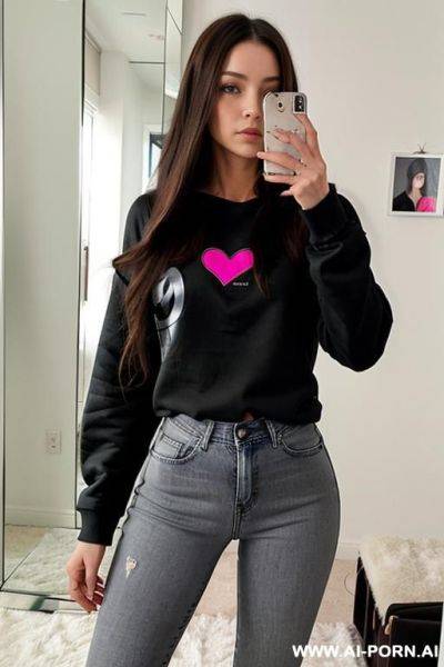 Woman long hair jeans black sweatshirt with heart selfie photo in the mirror - ai-porn.ai on pornintellect.com