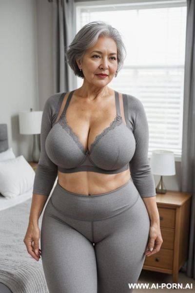 0 year old grandma, full body, standing, old lady, very visible signs of age, short gray hair, triangle hips, thick thighs, wearing gray leggings and bra, master bedroom - ai-porn.ai on pornintellect.com