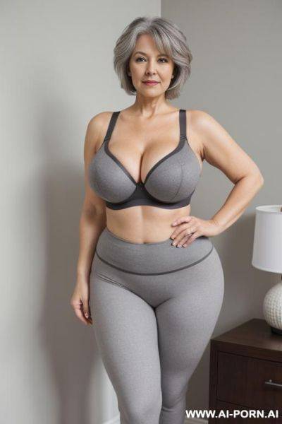 0 year old grandma, full body, standing, lady, very visible signs of age, short gray hair, triangle hips, thick thighs, wearing gray leggings and bra, master bedroom - ai-porn.ai on pornintellect.com