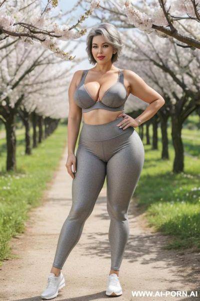 0 year old grandmother, full body, standing, age marks very apparent, short gray hair, triangle hips, thick thighs, wearing gray leggings and bra - ai-porn.ai on pornintellect.com