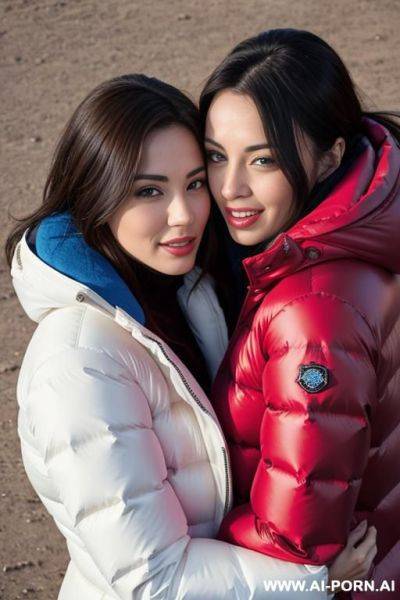 Two brunettes wearing gigantic oversized puffer jackets, hugging each other, orgasm, view from above - ai-porn.ai on pornintellect.com