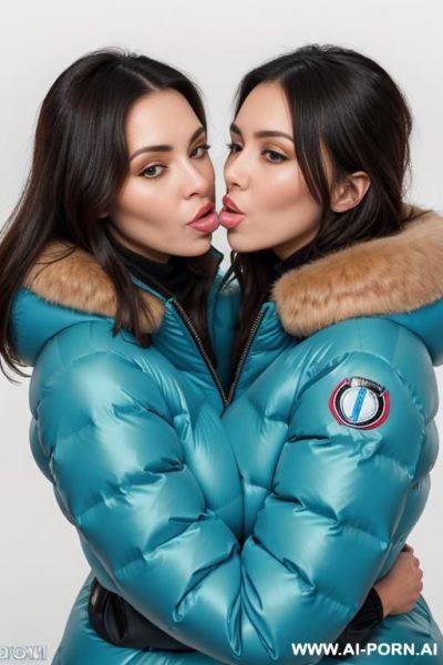 Two brunettes wearing gigantic oversized puffer jackets, hugging each other, view from above, french kiss, hugs boobs, lots of cum, covered with cum - ai-porn.ai - France on pornintellect.com