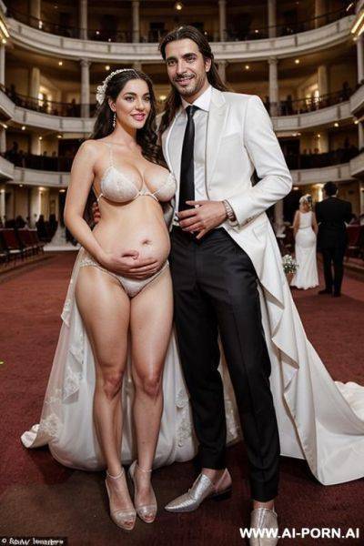 A lot of people in the background inside a beautiful opera with carpets, a lot of spectators. a naked beautiful pregnant woman with italian beauty, in a wedding veil, white high heels, black - ai-porn.ai - Italy on pornintellect.com