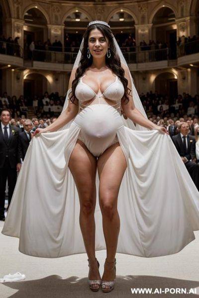 Naked beautiful pregnant woman with italian beauty, in a wedding veil, white high heels, black curls, breasts, white large collar with a ring, huge silver earrings, a lot of people in the - ai-porn.ai - Italy on pornintellect.com