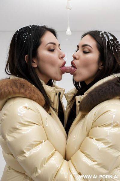 Two brunettes wearing gigantic oversized puffer jackets, hugging each other, view from above, hugs boobs, (lots of cum:1.3), ((covered with cum:1.2)), (thick cum on faces) - ai-porn.ai on pornintellect.com