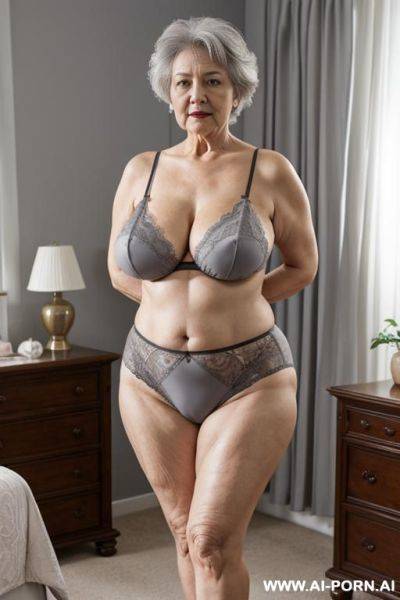 0 year old grandmother, full body, standing, elderly lady, very visible signs of age, short gray hair, triangular hips, thick thighs, gray lace panties, (topless), master bedroom - ai-porn.ai on pornintellect.com