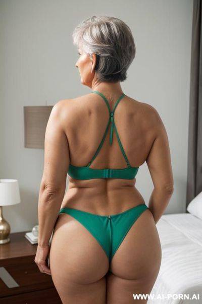 Back view, 0 year old grandmother, full body, standing, lady, very visible signs of age, short gray hair, triangular hips, thick thighs, green thong, master bedroom - ai-porn.ai on pornintellect.com