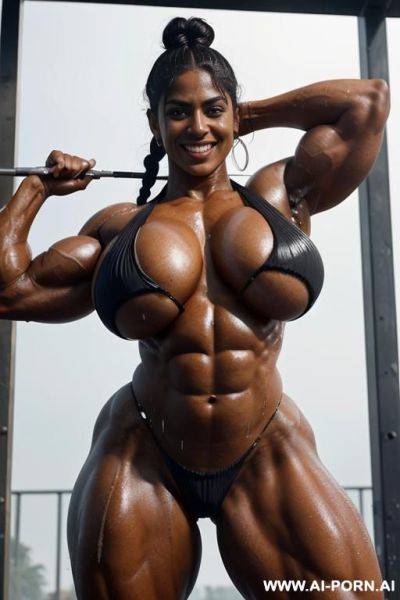 Ripped muscular indian giantess with colossal boobs fully soaked in sweat, ripped muscles, massive colossal body, hard nipples popping through hoodie, ripped abs, braids, giant abs, ripped obliques, - ai-porn.ai - India on pornintellect.com