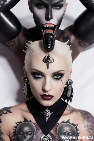 Tattooed man with a demon appear, including a large shaman skullkeppers in his mouth, sharp teeth, and multiple piercings. dark demon - ai-porn.ai on pornintellect.com