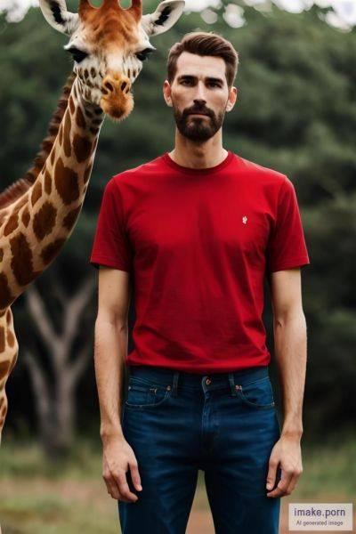 Really tall man in a red T-shirt and blue jeans in front of a... - imake.porn on pornintellect.com