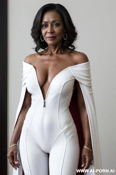 1 milf, 0 years old, realistic, beautiful face, hd, k, detail, high detail, k, full body, beautiful face, super hero suit, white bodysuit, sexy suit, shoulder off, shoulder cape, mom body, fifty years old, gray hair, s symbol on suit, african. - ai-porn.ai on pornintellect.com