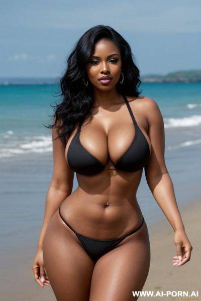 Tall, gorgeous curvy black milf, gorgeous face, thick lips, black eyes, wavy black hair, curvy hourglass body, gigantic boobs, abs, waist, huge ass, thick legs, standing up, full body picture, purple micro bikini - ai-porn.ai on pornintellect.com