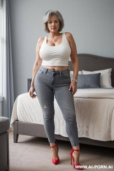 0 year old grandmother, full body, standing, short gray hair, lady, very visible signs of aging, triangular hips, thick thighs, blue jeans, white tank top, red high heels, master bedroom - ai-porn.ai on pornintellect.com