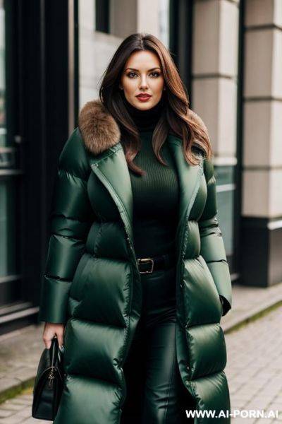 Brunette secretary wearing gigantic oversized green puffer coat, gigantic boobs, in hamburg - ai-porn.ai on pornintellect.com