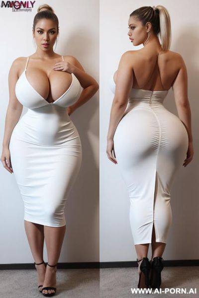 Massive tits, massive ass, big hips, big waist, more big boobs, beautiful woman, more big hips, full body picture, ponytail hair, more thick, more big ass, used white dress - ai-porn.ai on pornintellect.com