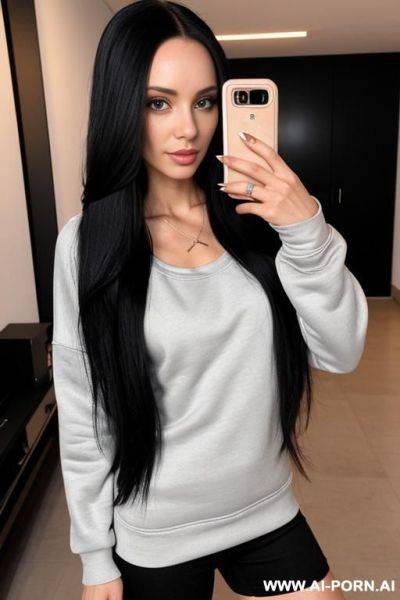 Woman long hair low neck sweatshirt black tight selfie night - ai-porn.ai on pornintellect.com