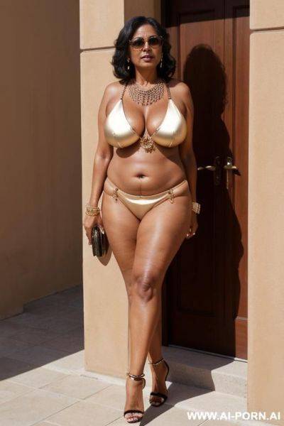 Classy sexy older woman with tanned skin. very large tits. expensive looking. high heels. anklet. belly chain. necklace. seductress. - ai-porn.ai on pornintellect.com