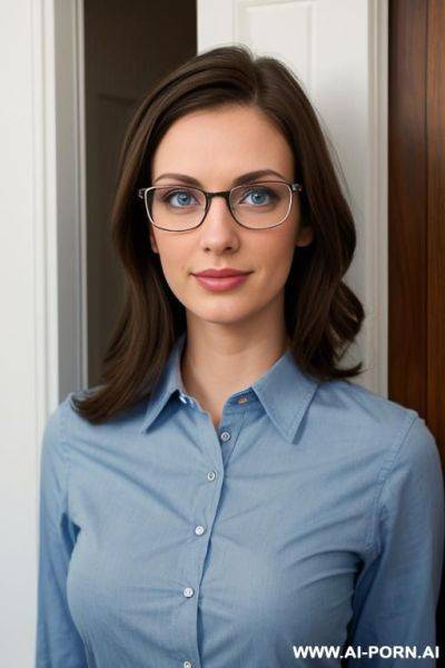 Short, brunette, blue eyes, glasses, nerdy clothes, doorway - ai-porn.ai on pornintellect.com