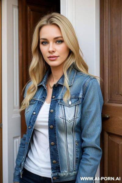 Blonde, french, denim jacket, doorway, - ai-porn.ai - France on pornintellect.com