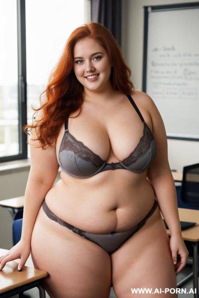 Full body photo shot, about at classroom, very fat and so bbw curvy teacher, wearing a sexy and hot gray lingerie, she is having wet sex alone - ai-porn.ai on pornintellect.com