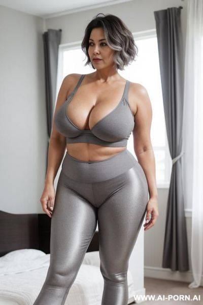 0-year-old grandmother, full body, standing, gray short hair, lady, very visible age marks, triangle hips, thick thighs, wearing gray leggins, master bedroom - ai-porn.ai on pornintellect.com