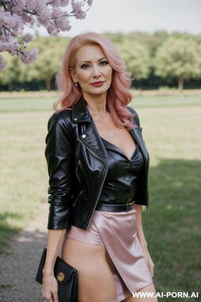 Blonde woman standing with sex exposed no panties, open legs no bra, wearing short black skirt and open black leather jacket with deep open neckline. - ai-porn.ai on pornintellect.com