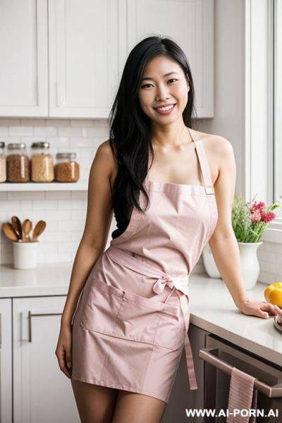 Asian woman, naked, wearing an apron, smiling, in a kitchen. - ai-porn.ai on pornintellect.com