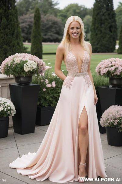 Blonde woman, standing, prom, pink prom dress, flowers, outside - ai-porn.ai on pornintellect.com