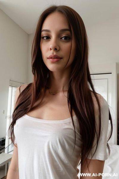 Woman long hair low neck t-shirt selfie - ai-porn.ai on pornintellect.com