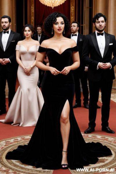 Woman and two men. many people in the background in the middle of a beautiful opera with carpets, many - ai-porn.ai on pornintellect.com